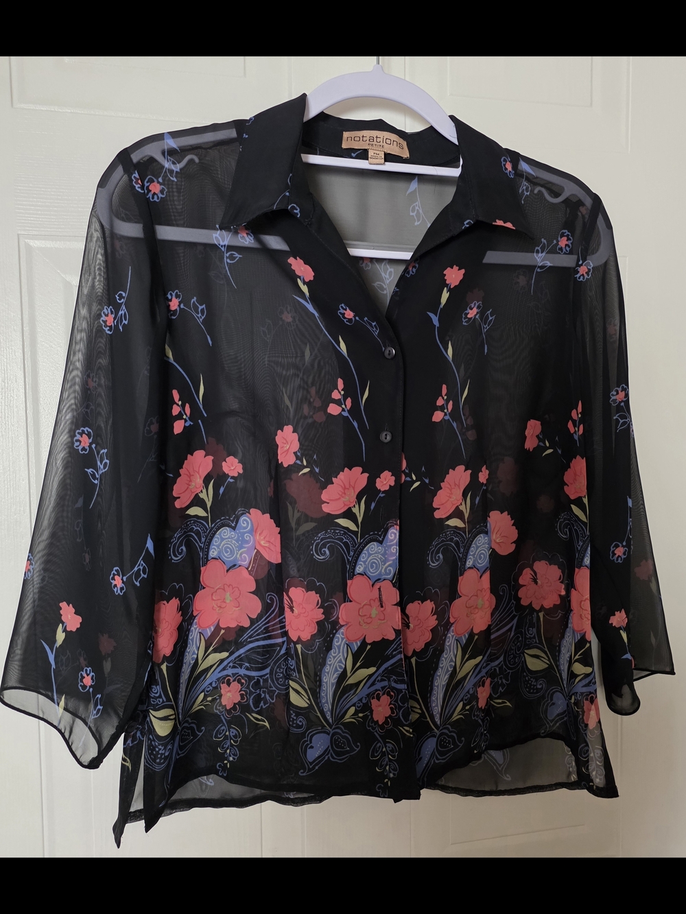 Notations Black Sheer Floral Button-Front Blouse with Pink Flowers